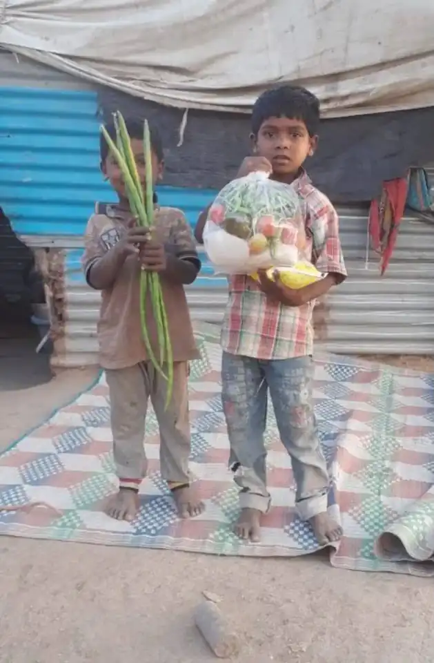 Children holding fresh vegetables and a grocery package